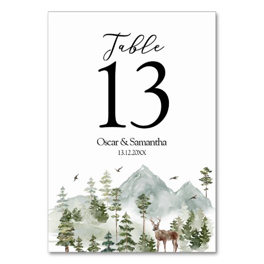 Numéro De Table Forêt d'aquarelle | Arbres Et Cerfs | (Dos)