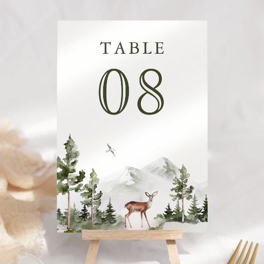 Numéro De Table Forêt de montagne aux cerfs aquarelle mariage