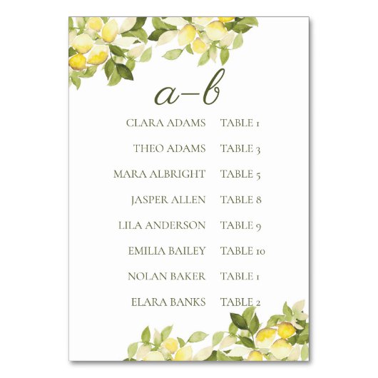 Numéro De Table Fresh Lemon Bright Alphabet Seating Chart Card (Par défaut)