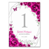 Numéro De Table Fuchsia Rose Argent Fleurs Quinceanera (Dos)