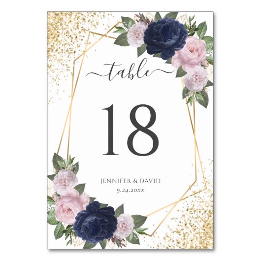 Numéro De Table Geo Navy Blue Gold Blush rose Mariage floral (Par défaut)
