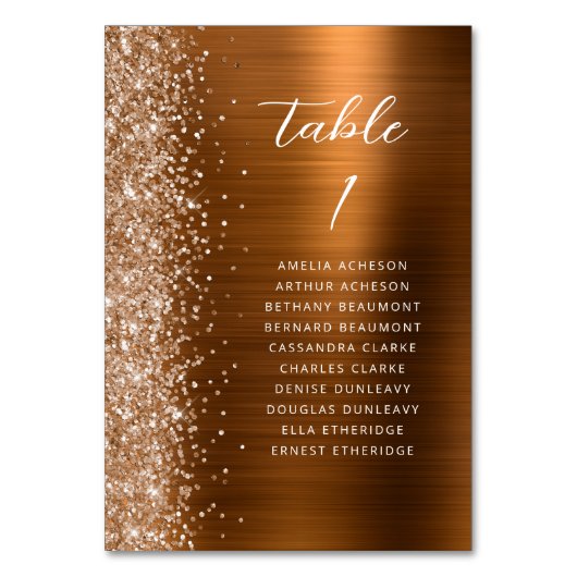 Numéro De Table Glam Copper Metallic Glitter Script Wedding (Dos)