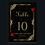 Numéro De Table Glam Gatsby Casino Las Vegas Mariage de poker<br><div class="desc">Unique Casino Royale et Great Gatsby conception de carte à thème. Il présente un style art déco vintage, un cadre rompu de Roaring des années 1920 avec fausse feuille d'or Fleur-de-lis, coeurs rouges, Q et K sur deux coins (simulant les cartes à jouer). Sur le dos faux motif Art Déco...</div>