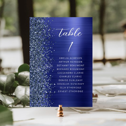 Numéro De Table Glam Navy Blue Metallic Glitter Script Wedding