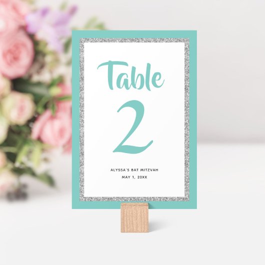 Numéro De Table Glittery Bat mitzvah Turquoise et Silver