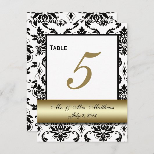 Numéro de table Gold Black Mariage damassé (Devant / Derrière)