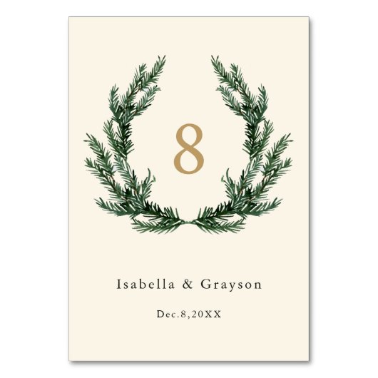 Numéro De Table Gold Bow & Evergreen Pine Wreath Wedding Ivory (Dos)