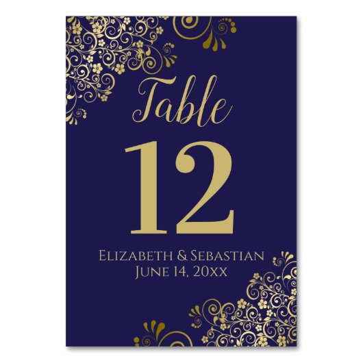 Numéro De Table Gold et Navy Blue Elegant Frilly Mariage (Dos)