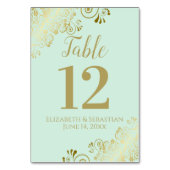 Numéro De Table Gold & Neo Mint Green Élégant Mariage de frilly (Dos)