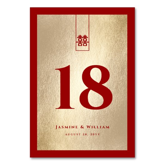 Numéro De Table Gold Red Tall Rectangle double Xi Mariage chinois (Dos)