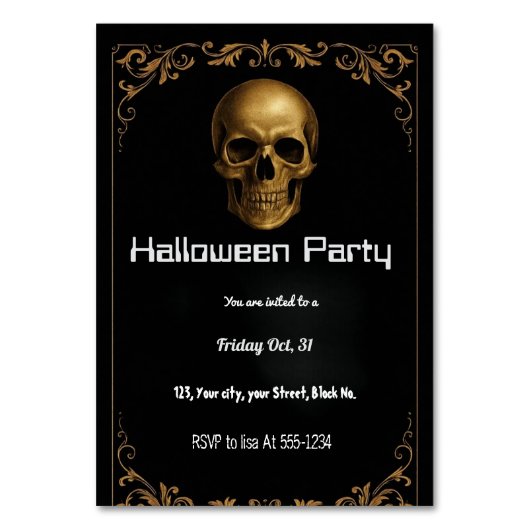 Numéro De Table Gold Skull Halloween Party Invitation - Elegant Bl (Par défaut)