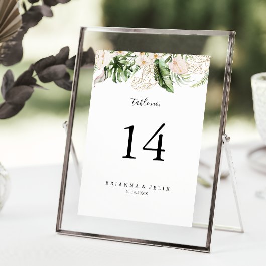 Numéro De Table Gold Tropical Foliage Floral Mariage