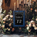 Numéro De Table Gothic Black Raven & Black Arch Blue Wedding<br><div class="desc">Transport your guests to a world of dark, enchanting elegance with our vintage gothic wedding table number card. The deep, aged royal blue background sets the stage for a striking contrast, as bold white text emerges from intricate black text boxes. At the pinnacle of this invitation, a three-dimensional gothic border...</div>