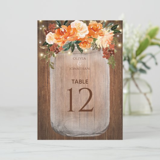 Numéro de table grand pot Mason orange floral mari (Debout devant)