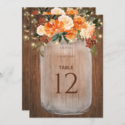 Numéro de table grand pot Mason orange floral mari (Devant / Derrière)