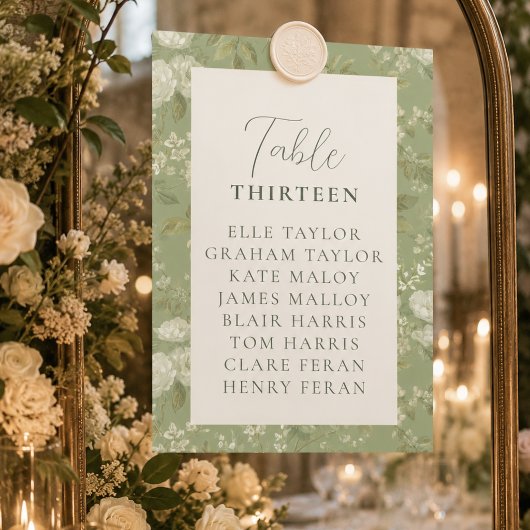 Numéro De Table Graphique de placement de mariage floral vert élég