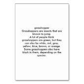 Numéro De Table Grasshopper Custom Insect Reading Flashcards (Dos)