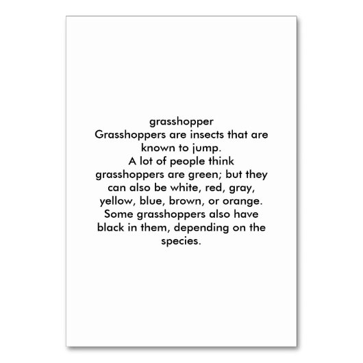 Numéro De Table Grasshopper Custom Insect Reading Flashcards (Dos)