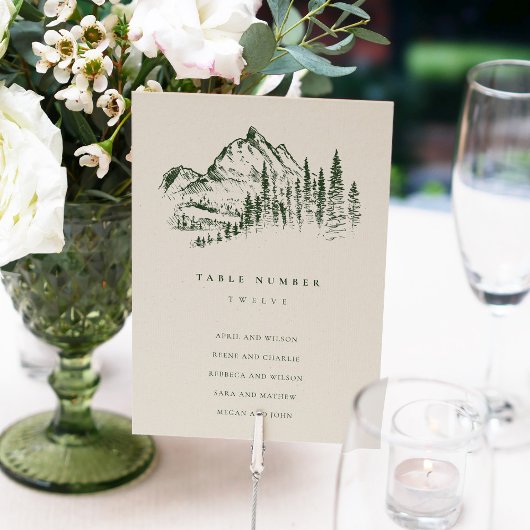 Numéro De Table Green Pine Woods Mountain Sketch Mariage