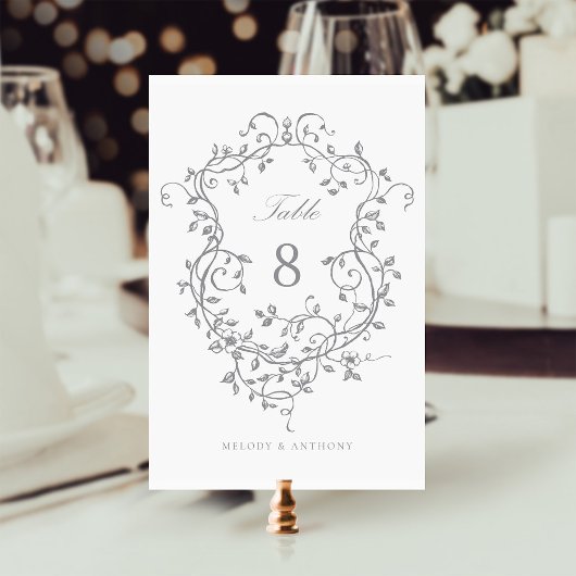 Numéro De Table Gris Elégant Français Victorien Floral Crest