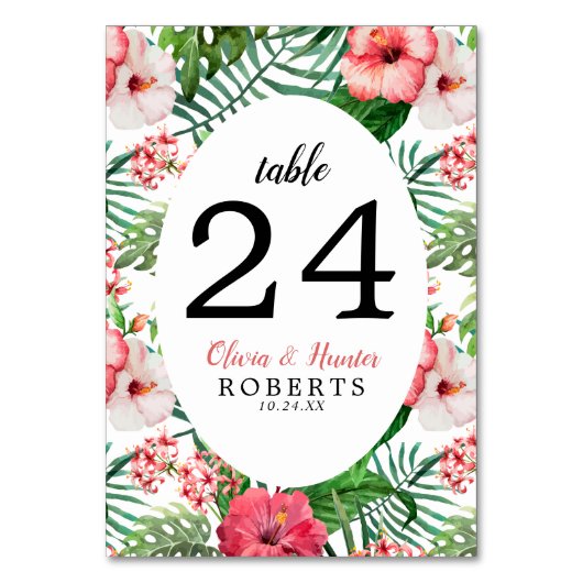 Numéro De Table Hibiscus rose tropical Mariage de palmier vert (Dos)