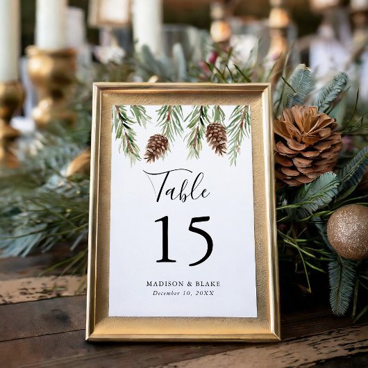 Numéro De Table Hiver Aquarelle Pine Cône Mariage