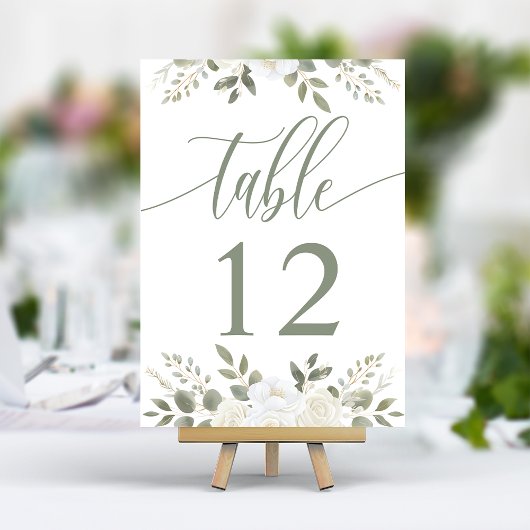 Numéro De Table Iivoire Et Sage Élégant Mariage Floral