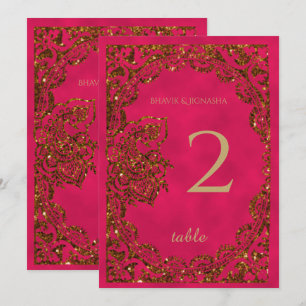 Numéro de Table Indien Paon Rose et Or