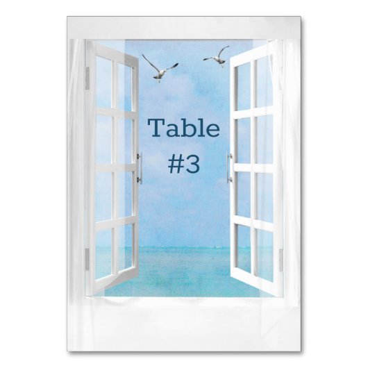 Numéro De Table Invitation Fenêtre avec Vue sur l'Océan et Mouette (Dos)