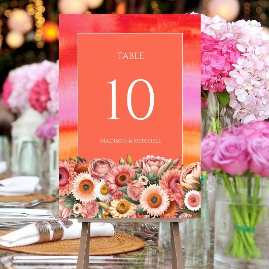 Numéro De Table Jardin Sunrise Rose Orange Aquarelle Fleurs
