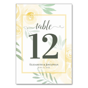 Numéro De Table Jaune Beurre & Roses Sauge Élégant Mariage