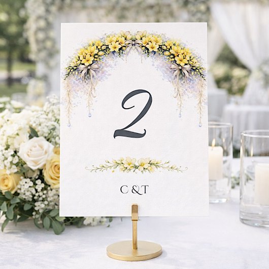 Numéro De Table Jaune Canari Freesia Florale Romantique Mariage