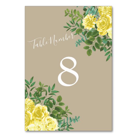 Numéro De Table Jaune clair et Rose écru kaki Mariage floral (Dos)