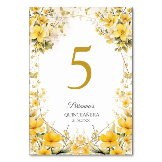 Numéro De Table Jaune Doré Floral Papillon Quinceañera (Par défaut)
