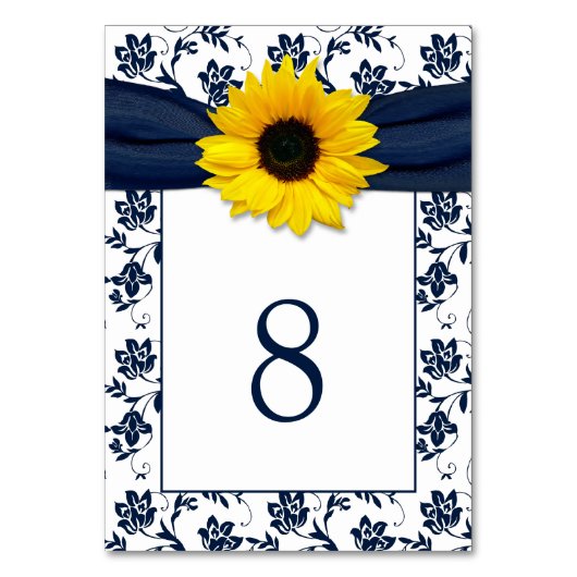 Numéro De Table Jaune Marine Bleu Damask Sunflower Ribbon Mariage (Par défaut)