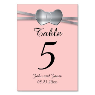 Numéro De Table Joli Coeur d'amour Mariage rose et argent