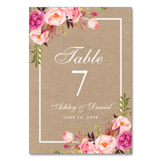 Numéro De Table Kraft Aquarelle Floral rose Mariage (Par défaut)