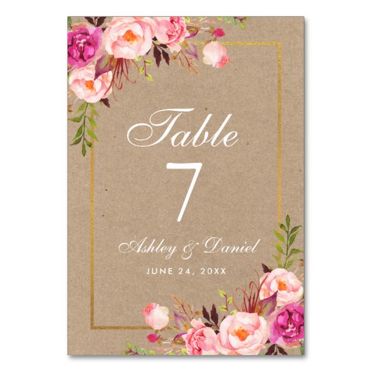 Numéro De Table Kraft Aquarelle Floral rose Mariage or (Par défaut)