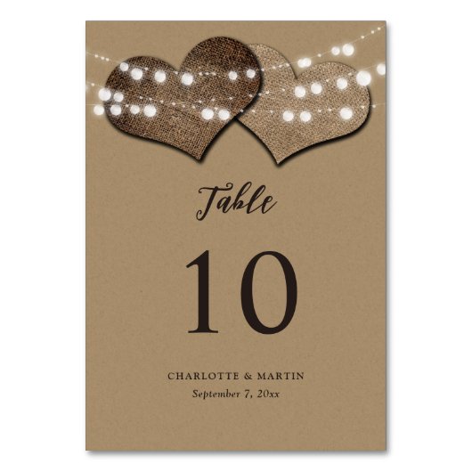 Numéro De Table Kraft Papier Burlap Coeurs Mariage campagnard rust (Dos)
