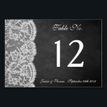 Numéro De Table La collection Chalkboard & Lace<br><div class="desc">La collection Chalkboard & dentelle est un design étonnant avec un bel arrière - plan effet Chalkboard avec une coupe en dentelle blanche vintage romantique. Ces cartes de numéro de table peuvent être personnalisées pour votre occasion spéciale et rendraient la pièce centrale parfaite pour votre mariage, douche nuptiale, fête de...</div>