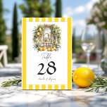Numéro De Table "La Dolce Vita" Lemon Grove Mariage italien<br><div class="desc">Guidez vos invités à leurs sièges avec cette charmante carte mariage "La Dolce Vita". Doté d'une illustration pittoresque de citronniers, d'une typographie élégante et d'une tonalité rayée jaune vif, ce design s'inscrit parfaitement dans un thème mariage méditerranéen ou italien. Entièrement personnalisable avec les noms du couple et les détails du...</div>