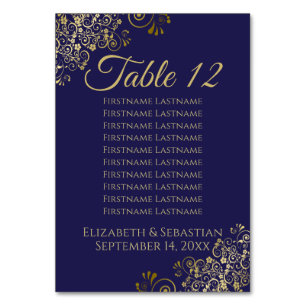 Numéro De Table Lacy Gold Marine Bleu Élégant tableau de mariage