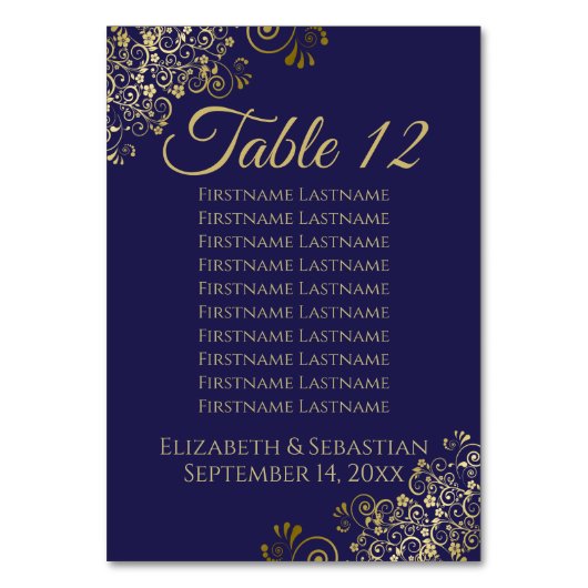 Numéro De Table Lacy Gold Marine Bleu Élégant tableau de mariage (Dos)