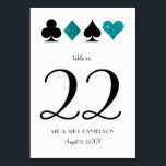 Numéro De Table Las Vegas Turquoise Parties scintillant Numéro de<br><div class="desc">Les costumes de carte de parties scintillant noir et turquoise paraissent clinants sur ce numéro de table blanc recto verso à thème Vegas. Personnalisez tout le texte, y compris le nom de la table, le numéro et créez avec les deux lignes de texte en bas avec vos nouveaux noms de...</div>