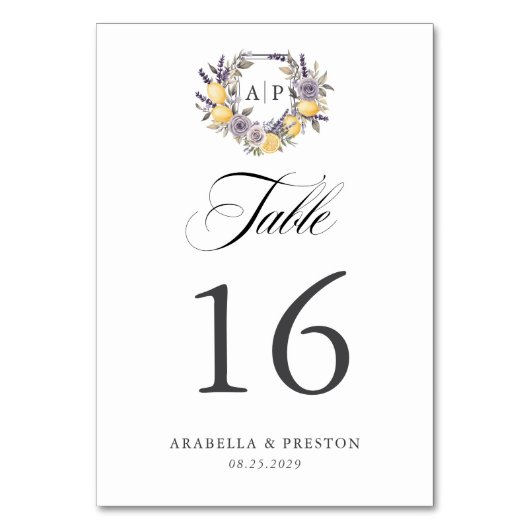 Numéro De Table Lavender Lemon Monogram Floral Crest Mariage (Par défaut)