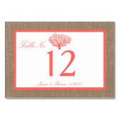 Numéro De Table Le Corail Sur Burlap Boho Beach Wedding Collection (Dos)