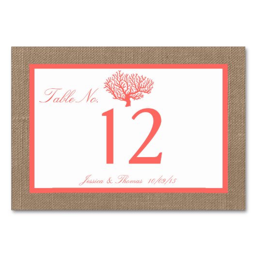 Numéro De Table Le Corail Sur Burlap Boho Beach Wedding Collection (Devant)