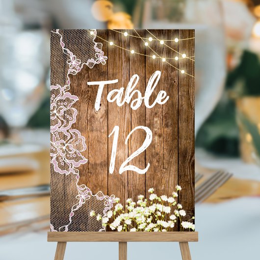Numéro De Table Lights Lace & Baby's Breath Wood Table Mariage