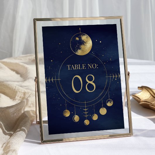 Numéro De Table Lune de mariage phases dorées bleu céleste