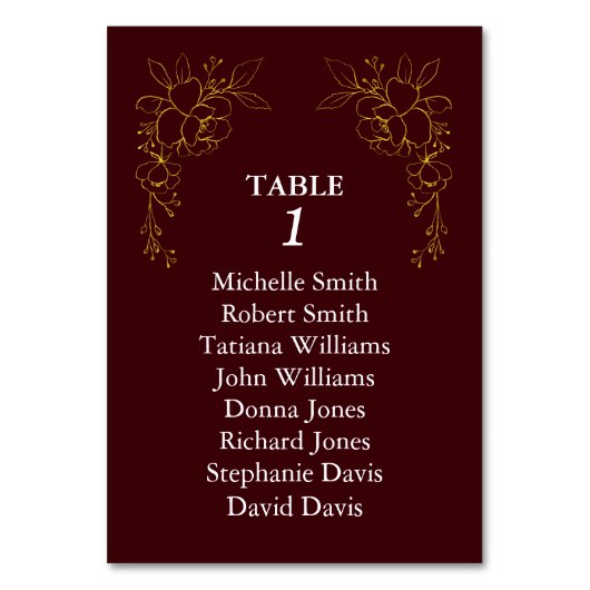 Numéro De Table Luxury Gold Flowers Royal Deep Burgundy Wedding (Dos)